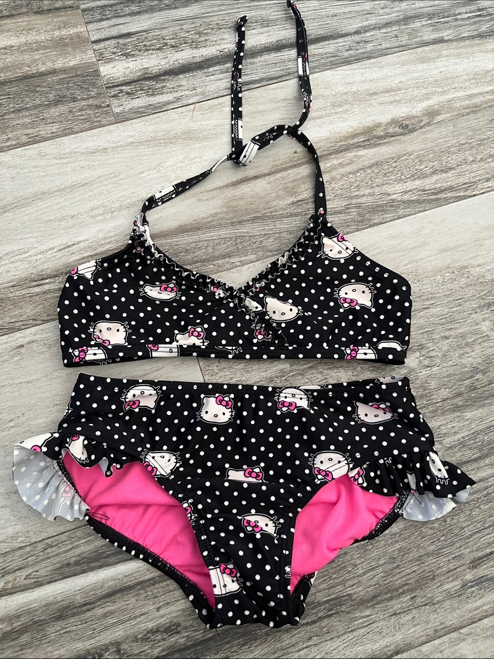 Hello Kitty Black & Hot Pink Polka Dot Bikini Set with Bow Accents